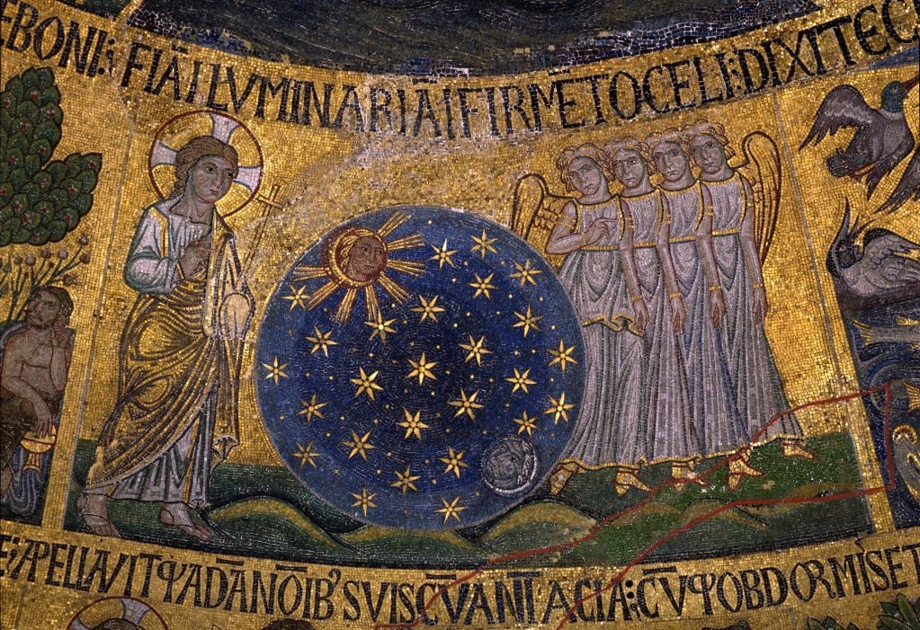 Enluminure médiévale de la Création avec roue zodiacale et sphères célestes